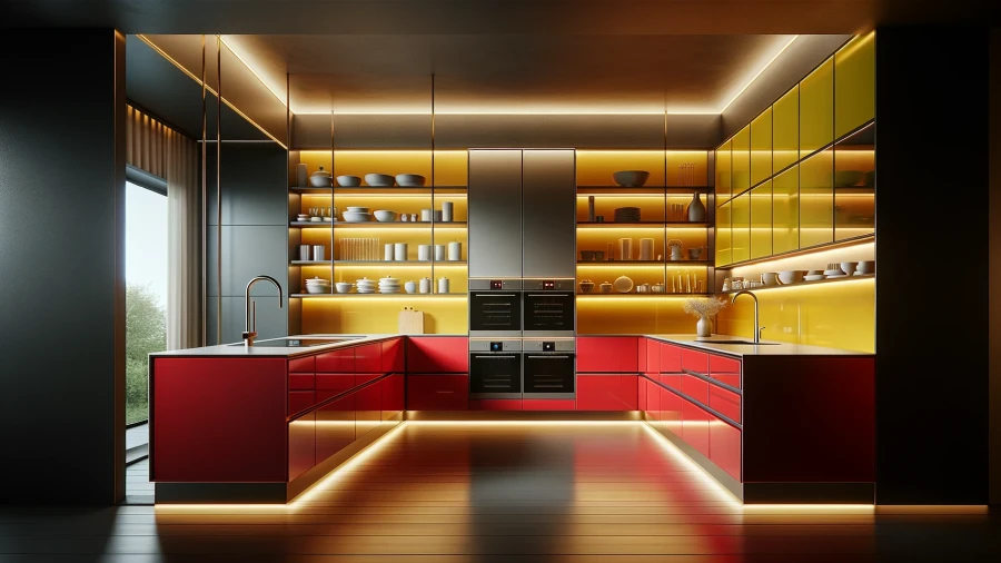 8 Parallel Kitchen Designs in Vibrant Red and Yellow Tones